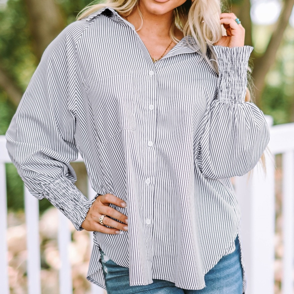 Smocked Cuffed Striped Boyfriend Shirt with‎ Pocket